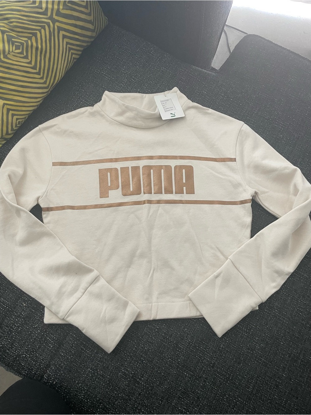 PUMA CA Birch Cropped Mock Neck Sweatshirt with Tan Logo